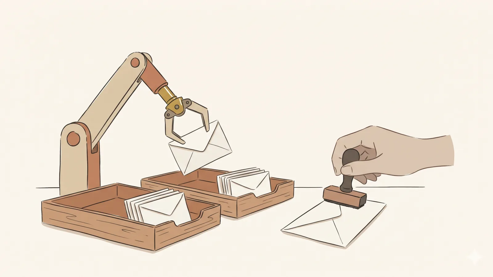 A small robot arm sorting paper envelopes into two trays while a person's hand holds a rubber stamp over one envelope