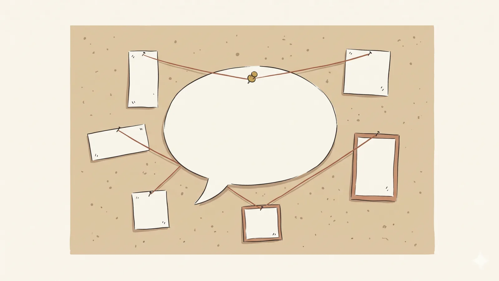 A paper speech bubble pinned to a corkboard with several small article clippings connected to it by thread