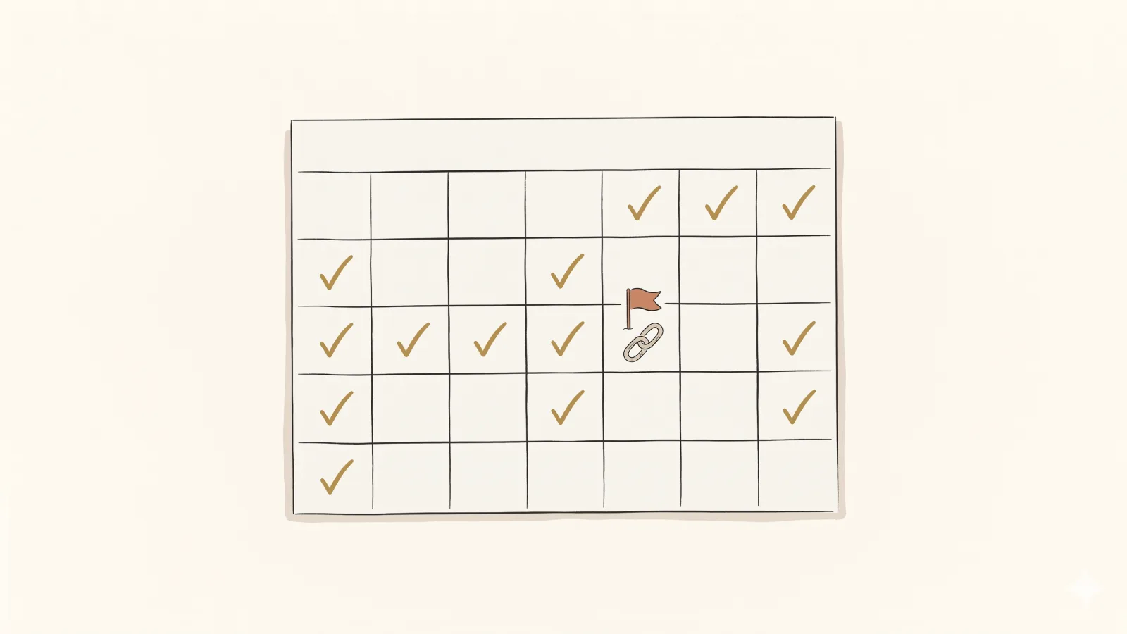 A simple weekly calendar with a small checkmark on each week and one week marked with a warning flag