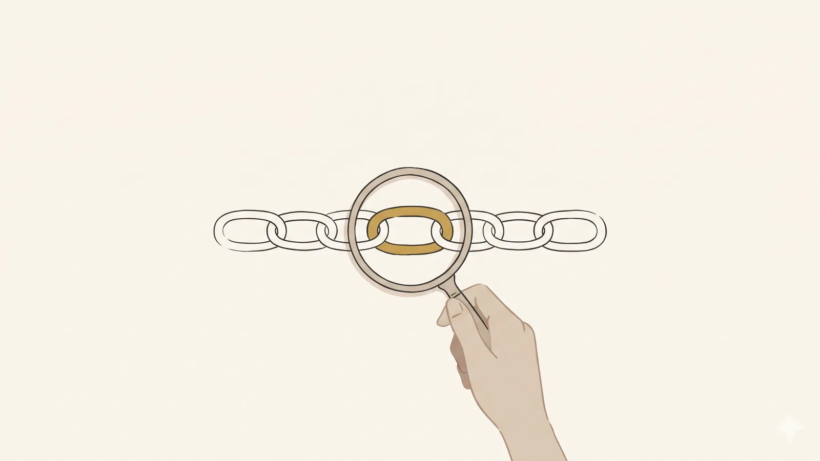 A hand holding a magnifying glass over one link in a chain, with the other links slightly faded