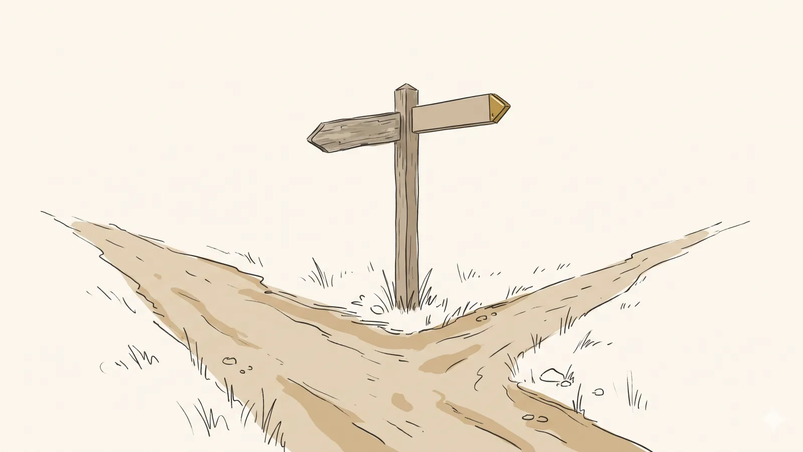 Two signposts at a fork in a path, one pointing to a well-worn road and one to a newer side road