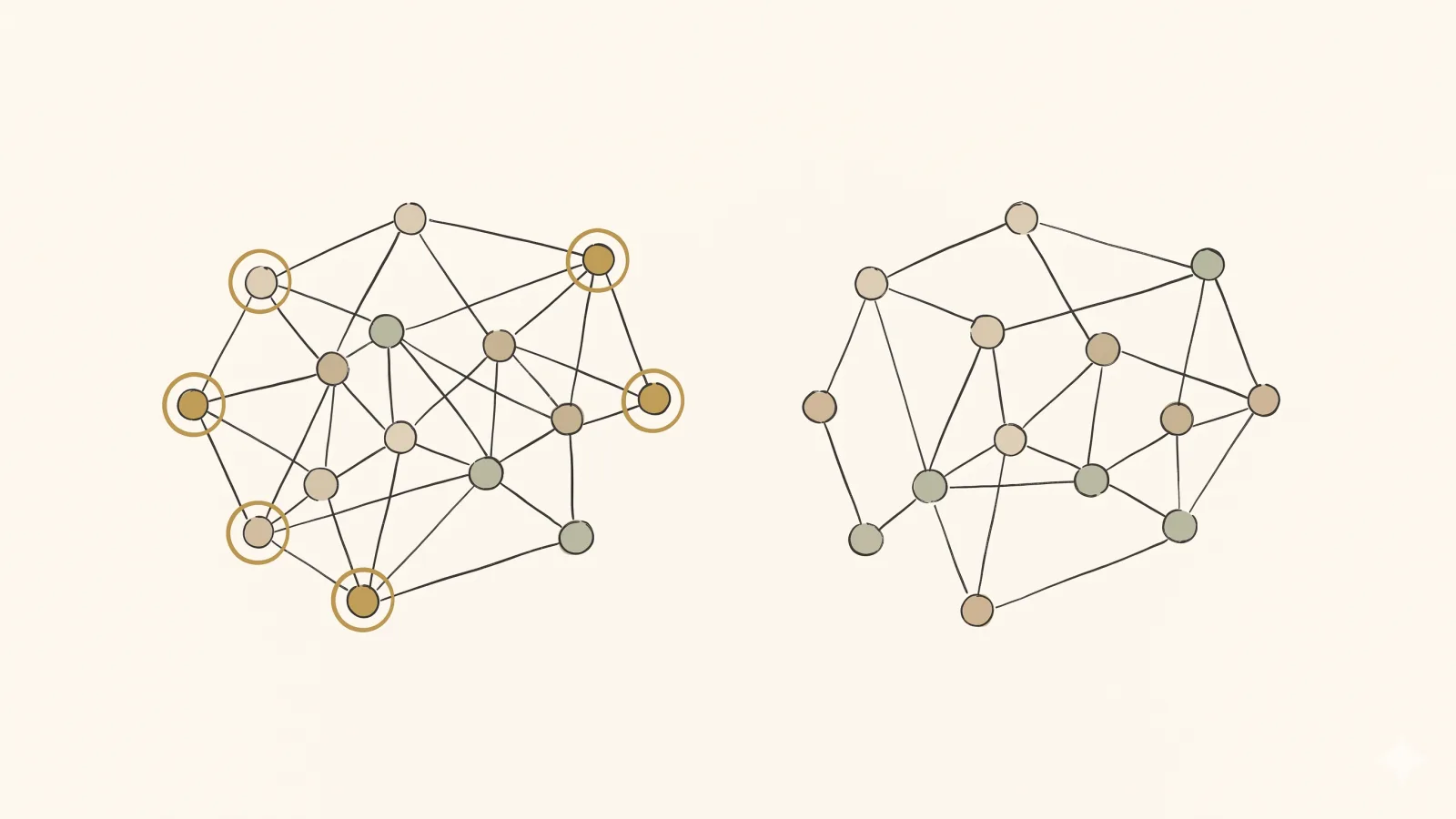 Two side-by-side maps of connected dots, with the dots present only on the left map circled