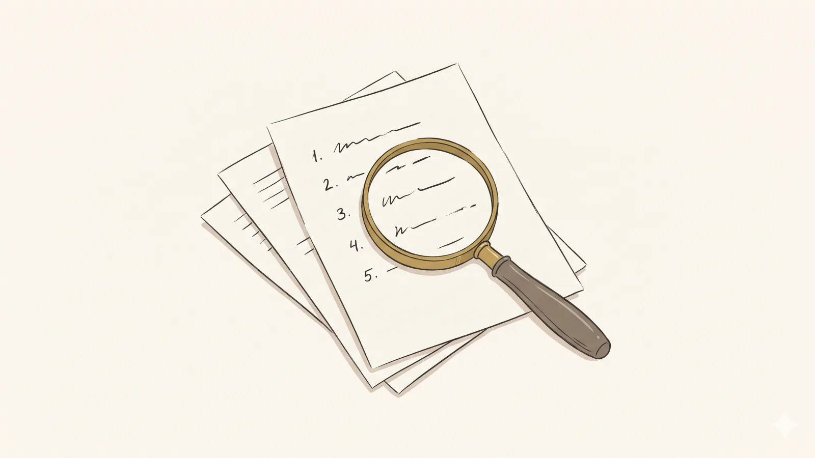A magnifying glass resting over a stack of loose article pages, one page with a short numbered list visible