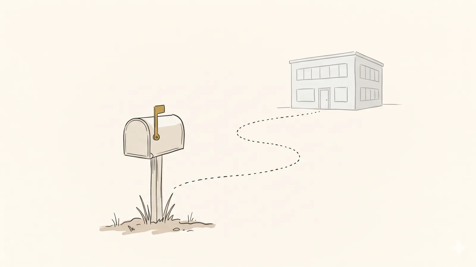 A single mailbox on its own small plot, connected by a thin line to a larger office building in the background