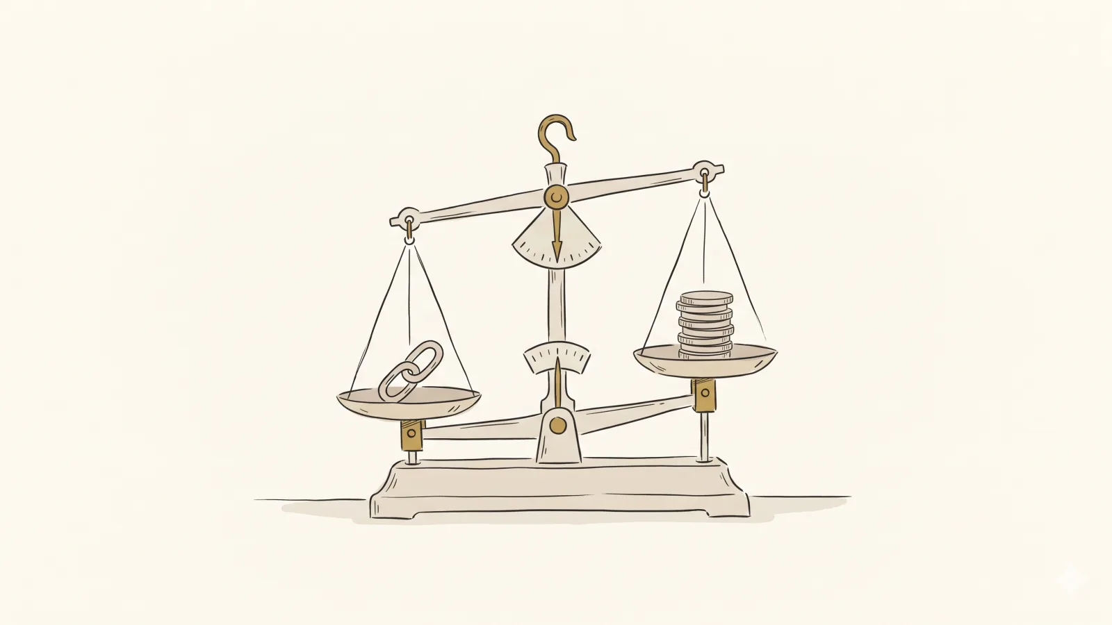 A small set of brass weighing scales with a chain link on one side and a stack of coins on the other