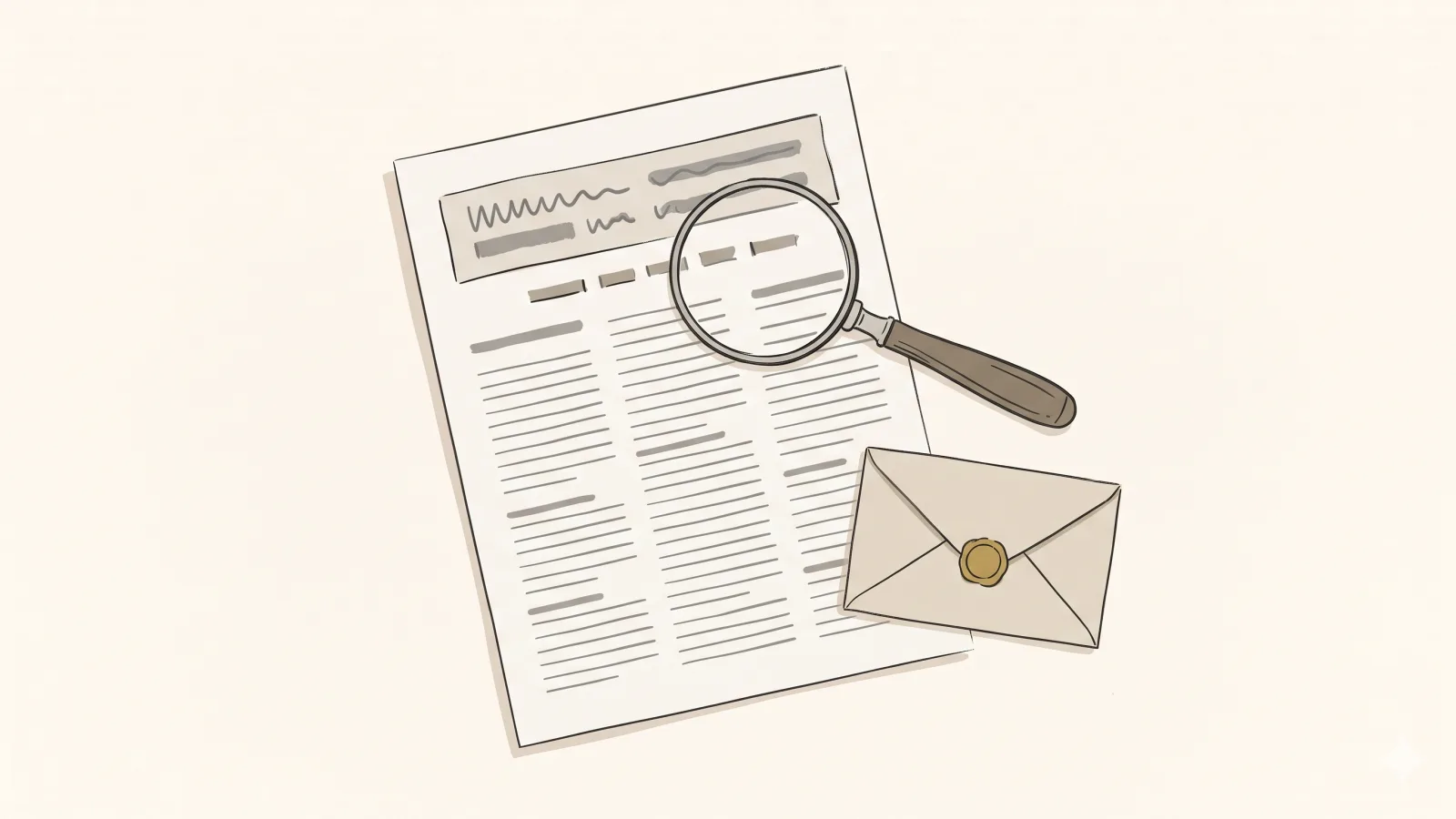 A magnifying glass resting on a printed article, its lens over the byline next to a small envelope