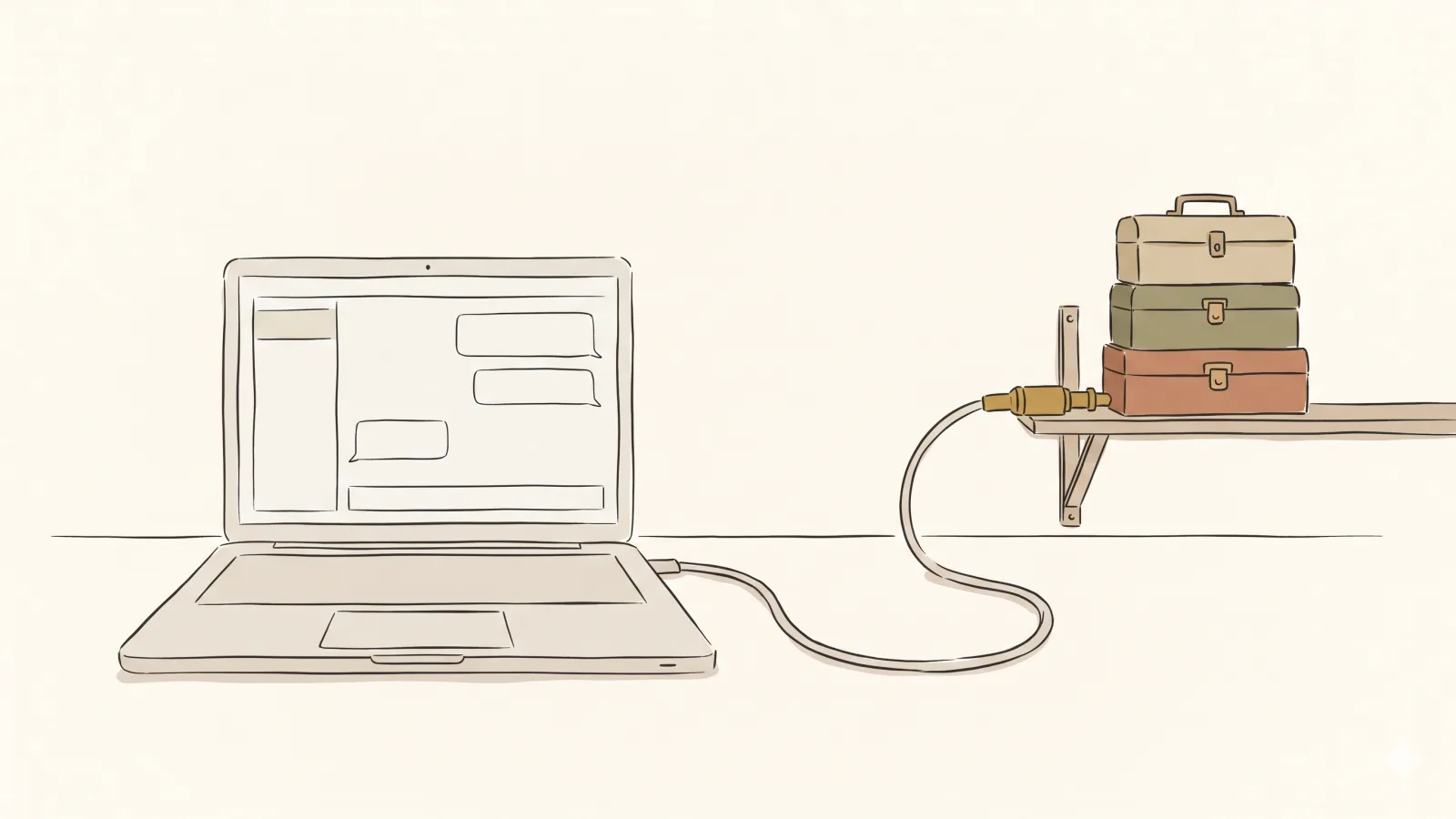 A single cable connecting a chat window on a laptop to a row of small unlabelled toolboxes on a shelf