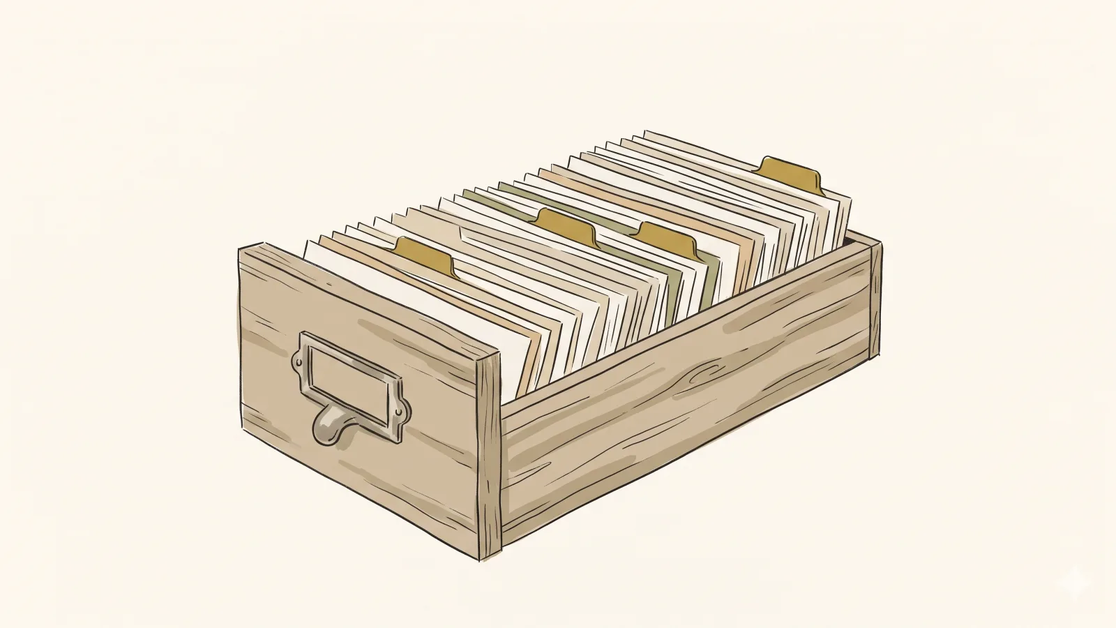 A wooden card-catalogue drawer pulled open, most cards blank and a few marked with a small brass tab
